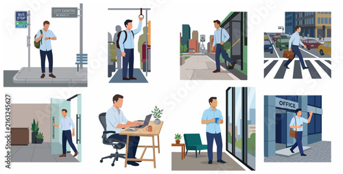 Male Office Worker Daily Commute and Work Routine Flat Vector Illustration Set