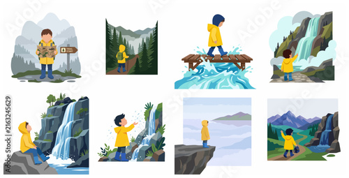 Set of illustrations featuring a boy in a yellow raincoat exploring nature, mountains, and waterfalls.