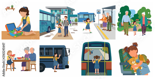 Little girl journey visiting grandparents by bus illustration set, childhood travel and family reunion concept