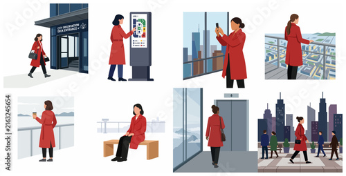 Woman in Red Coat Visiting City Observation Deck and Urban Skyline Views Flat Vector Illustration Set