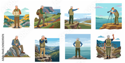 Collection of Flat Vector Illustrations Featuring an Active Senior Man Enjoying Various Outdoor Activities such as Hiking, Birdwatching, and Photography in Beautiful Natural Landscapes