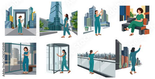 Flat vector illustration set of a modern businesswoman in various urban city environments and office settings