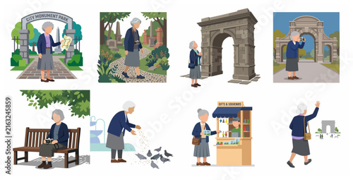 Senior woman tourist traveling and sightseeing at city monument park, active retirement lifestyle vector illustrations set