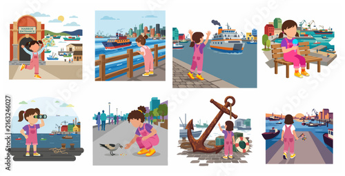 A young girl's nautical adventure at the harbor, exploring ships, feeding seagulls, and enjoying port activities in a flat illustration style.