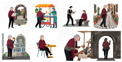 Elderly woman traveling and exploring old city vector illustration set
