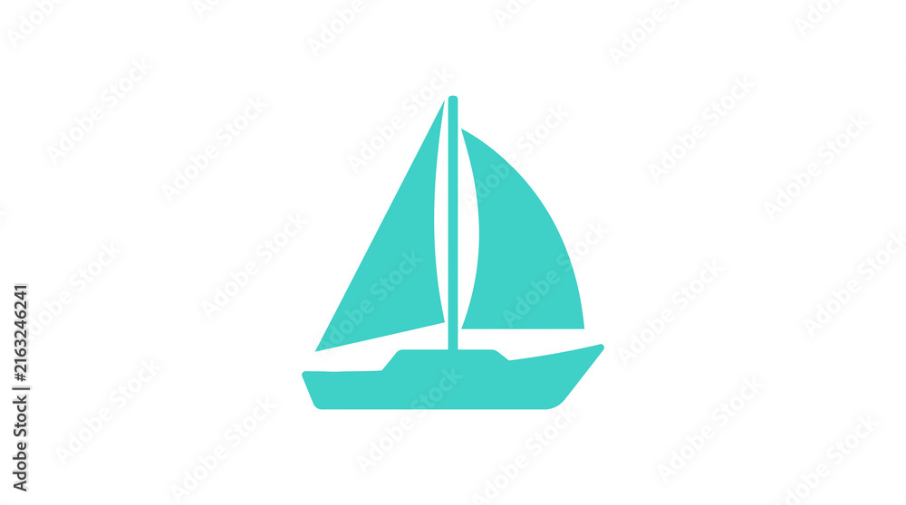 Fototapeta premium Minimal teal sailboat icon on white background.