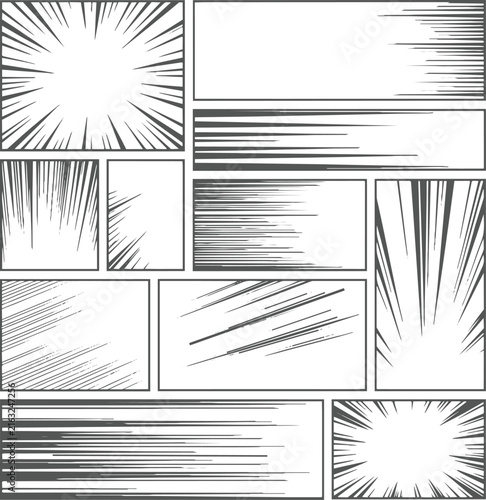 Manga comic book page layout template with black and white action speed lines empty panels set vector.