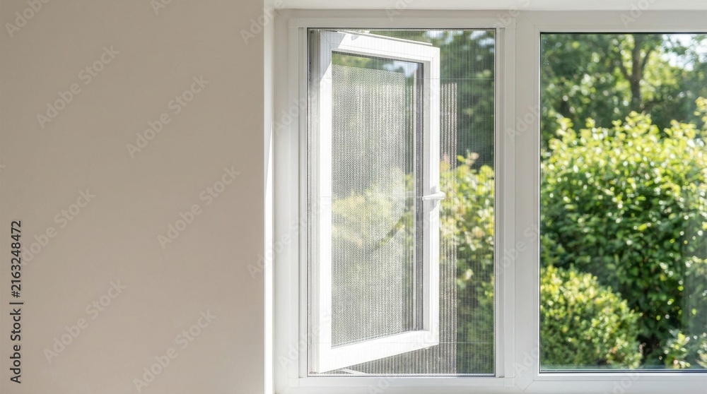 Fototapeta premium Open white pvc window with insect screen, view of green garden foliage