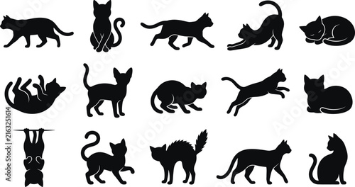 Collection of various black cats in different poses for spooky holiday decorations presented as a creative graphic art silhouette