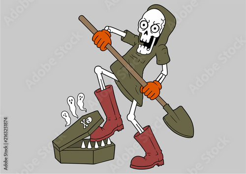 Bild auf Leinwand Gravedigger skeleton with open coffin and ghosts vector illustration