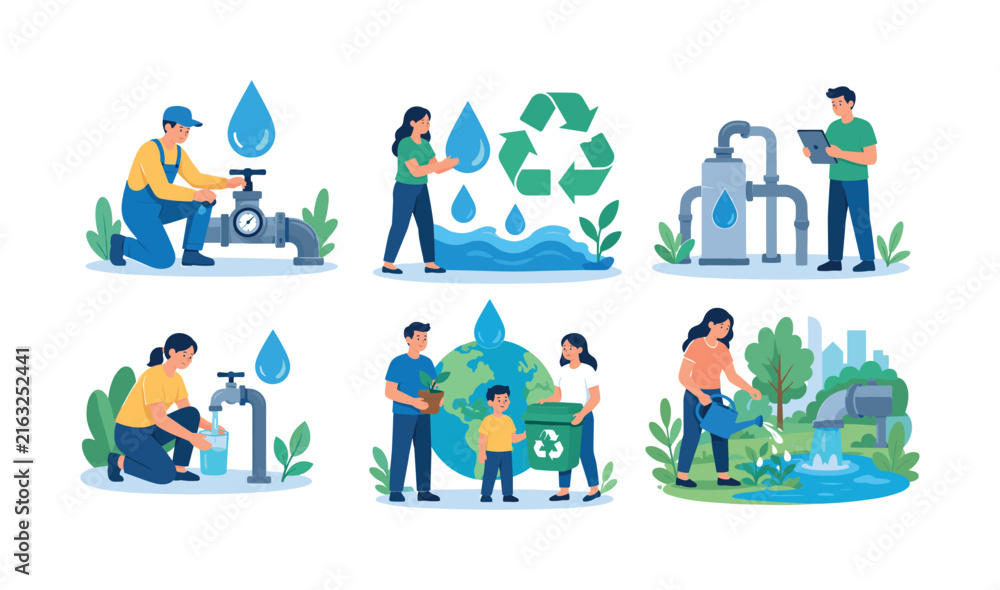 Fototapeta premium Illustrations depicting water conservation and environmental responsibility in daily life