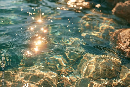 Clear ocean water with sun reflections marine life and underwater rocks summer vacation and nature conservation