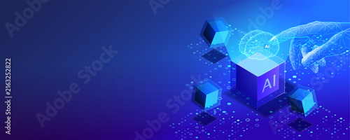 Isometric vector of AI controlling blockchain banner with a digital hand, circuit brain, cloud computing and smart data network. Futuristic technology concept for automation and cybersecurity 