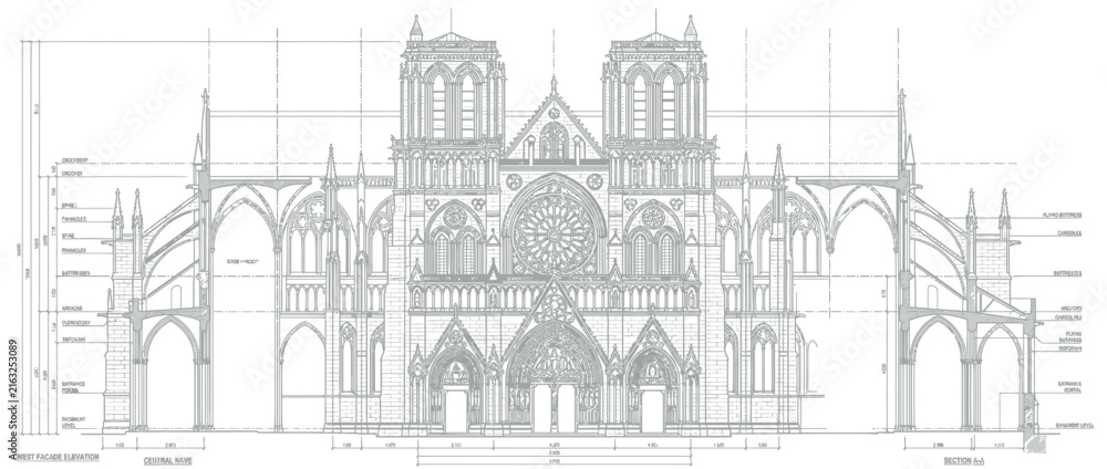 Obraz premium Architectural Blueprint Drawing of Grand Gothic Cathedral Facade