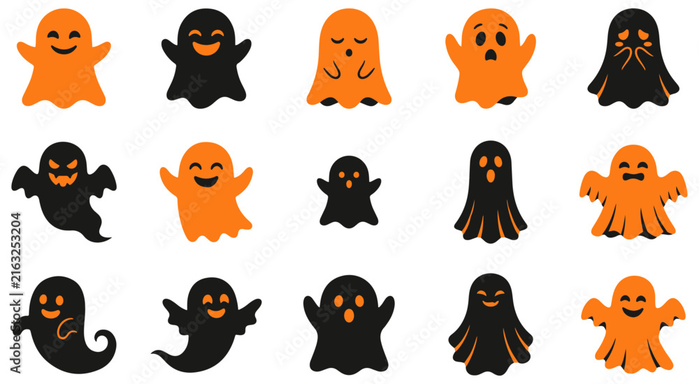 Fototapeta premium Collection of cute cartoon ghosts in orange and black for halloween designs