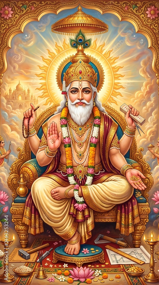 Obraz premium Divine Golden Radiance of Lord Vishwakarma - Devotional Painting