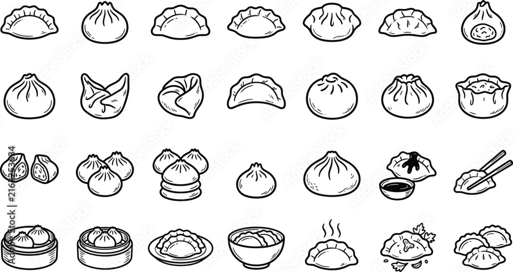 Obraz premium Dumpling line art vector collection featuring traditional gyoza, baozi, dim sum steamers, wontons, and minimalist Asian food culinary outline icons.