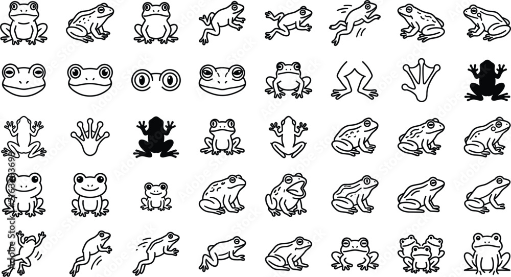 Obraz premium Frog vector line art icon collection featuring hopping toads, smiling faces, webbed feet, silhouettes, and minimalist organic amphibian wildlife outlines.