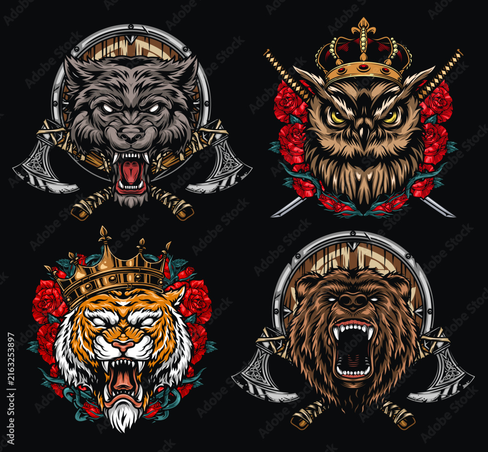 Naklejka premium Crowned beasts with axes