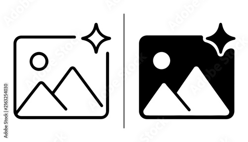 Image Editing Icons: Two icons representing image editing, one in outline and one in solid black, each featuring a mountain landscape with a sun and a sparkle symbol.