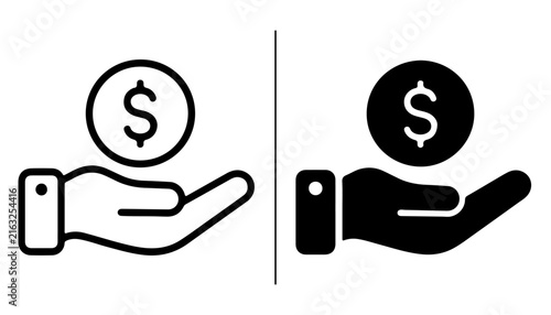 Coin in Hand: Two stylized icons depict a hand holding a coin with a dollar sign, symbolizing financial transactions, investment, or charity.