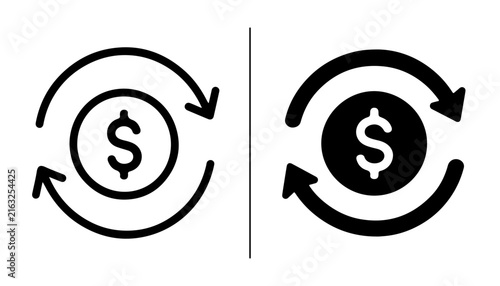Currency Exchange Icons: Two contrasting icons depicting the symbol of currency with circular arrows indicating an exchange process, symbolizing financial transactions and global commerce.