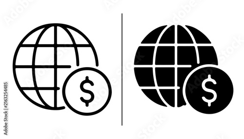 Global Finance Icons: A pair of minimalist icons representing global finance, one in outline style and the other in solid black, featuring a stylized globe and a coin with a dollar sign.