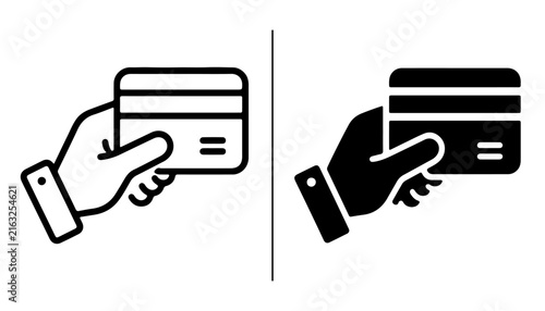 Credit Card Payment Icon: A hand holds a credit card in both outline and filled versions, representing a secure and convenient transaction.