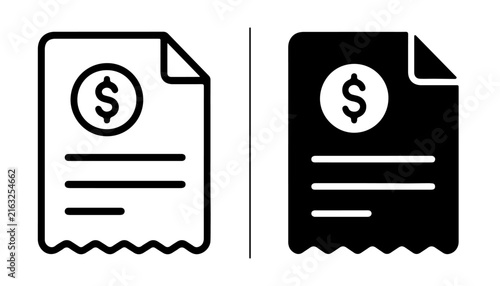 Document Icons: A comparison of two document icons, one in outline and one in solid black, both featuring a dollar sign, representing financial documents or bills.