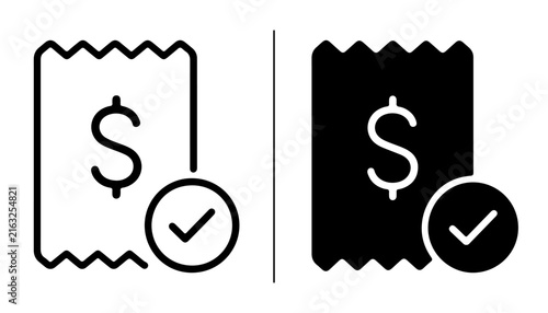 Bill Payment Confirmed: Two stylized icons depict a receipt with a dollar sign and a checkmark within a circle, signifying successful transaction completion or payment confirmation.