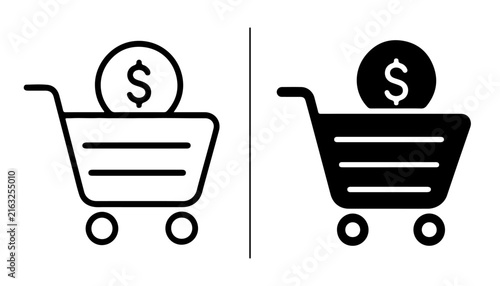 Shopping Cart Icons: Two distinct shopping cart icons, one outlined and one filled silhouette, each featuring a coin with a dollar sign, represent online shopping and e-commerce transactions.