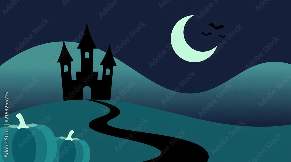 Fototapeta premium Haunted castle under full moon with bats flying over misty night landscape