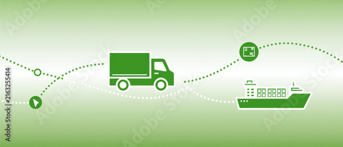 Conceptual illustration showcasing the intricate journey of goods through a modern global supply chain, involving efficient truck transportation and expansive cargo ship maritime logistics,