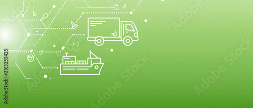 Global Logistics Network Connecting Transportation Modes with Digital Technology and Sustainable Supply Chain Solutions Illustrated on a Vibrant Green Background.