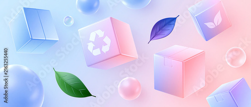Abstract background with 3D floating translucent cubes, spheres, and stylized leaves, symbolizing sustainability and eco-friendly packaging in a soft gradient of blue and pink.
