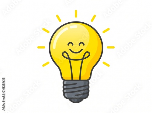 Happy glowing light bulb character symbolizing idea and inspiration