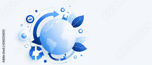 Sustainable global circular economy concept illustration with world map, recycling symbols, factory icons, and green energy elements on a clean white background in shades of blue