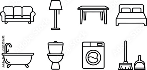 Home furniture and household appliance outline icon set with sofa bed bathtub and washing machine