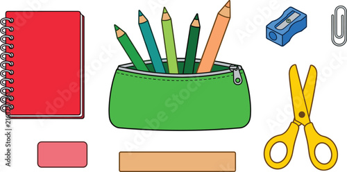 School stationery pencil case vector cartoon set with notebook scissors sharpener eraser and paper clip