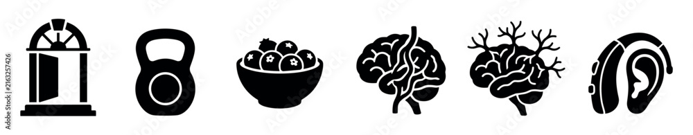 Fototapeta premium Set of black silhouette icons representing concepts of brain health, aging, and wellness, including exercise, nutrition, hearing loss, and neuroplasticity in a simple glyph style