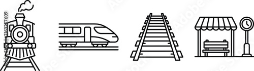 Train railway transit transport outline icon set with locomotive electric train track and station
