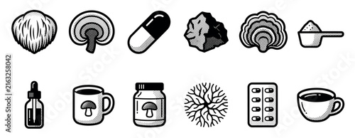 Set of black and white icons representing medicinal mushrooms and adaptogenic supplements in various forms like powder, capsules, and tinctures, drawn in a retro halftone line art style