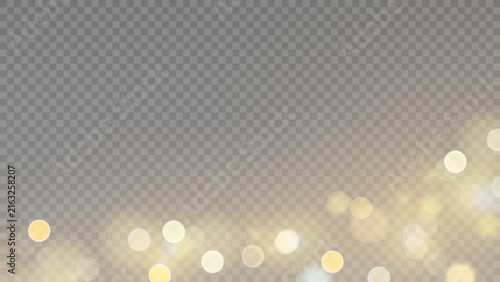 Golden dust light png. Christmas glowing bokeh confetti and sparkle overlay texture for your design. Stock royalty free vector illustration. PNG	