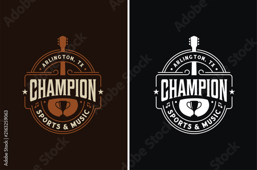 Guitar with Champion Trophy Cup for Western Vintage Retro Sport Bar Live Music logo design