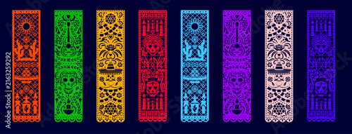 Paper Mexican paper cut border, papel picado holiday frames. Vibrant Latin frames with sugar skulls, guitars, cacti, candles, sombreros and floral patterns for Dia de los Muertos event posters