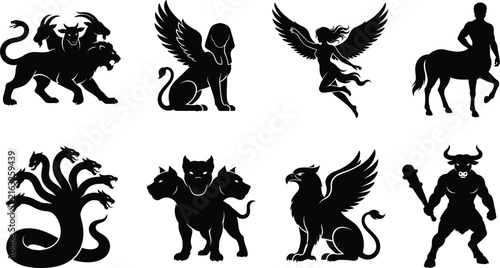 Collection of Greek mythological creatures and fantasy monster silhouette icons in black flat design