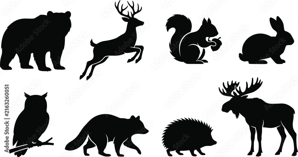 Fototapeta premium Collection of woodland and forest wild animal silhouette icons in black flat design