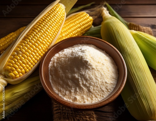 still life of corn on the cob corn kernels and cornstarch in a wooden bowl on a wooden surface