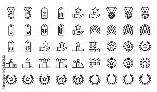 Photography Set of military rank insignia medals stars and laurel wreath icons in a clean th