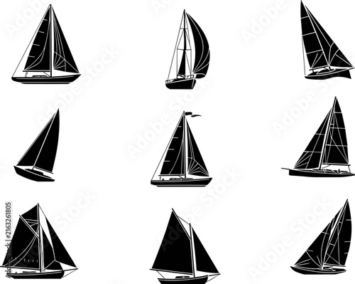 Set of nine different silhouettes of sailboats